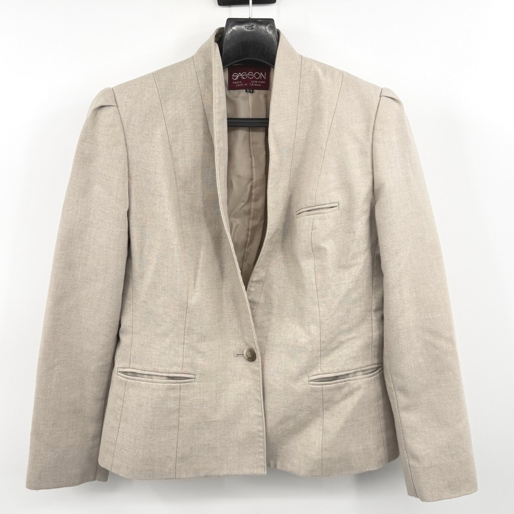 Sasson Women's Vintage Beige Flax Single Button Blazer Jacket XS Workwear Preppy